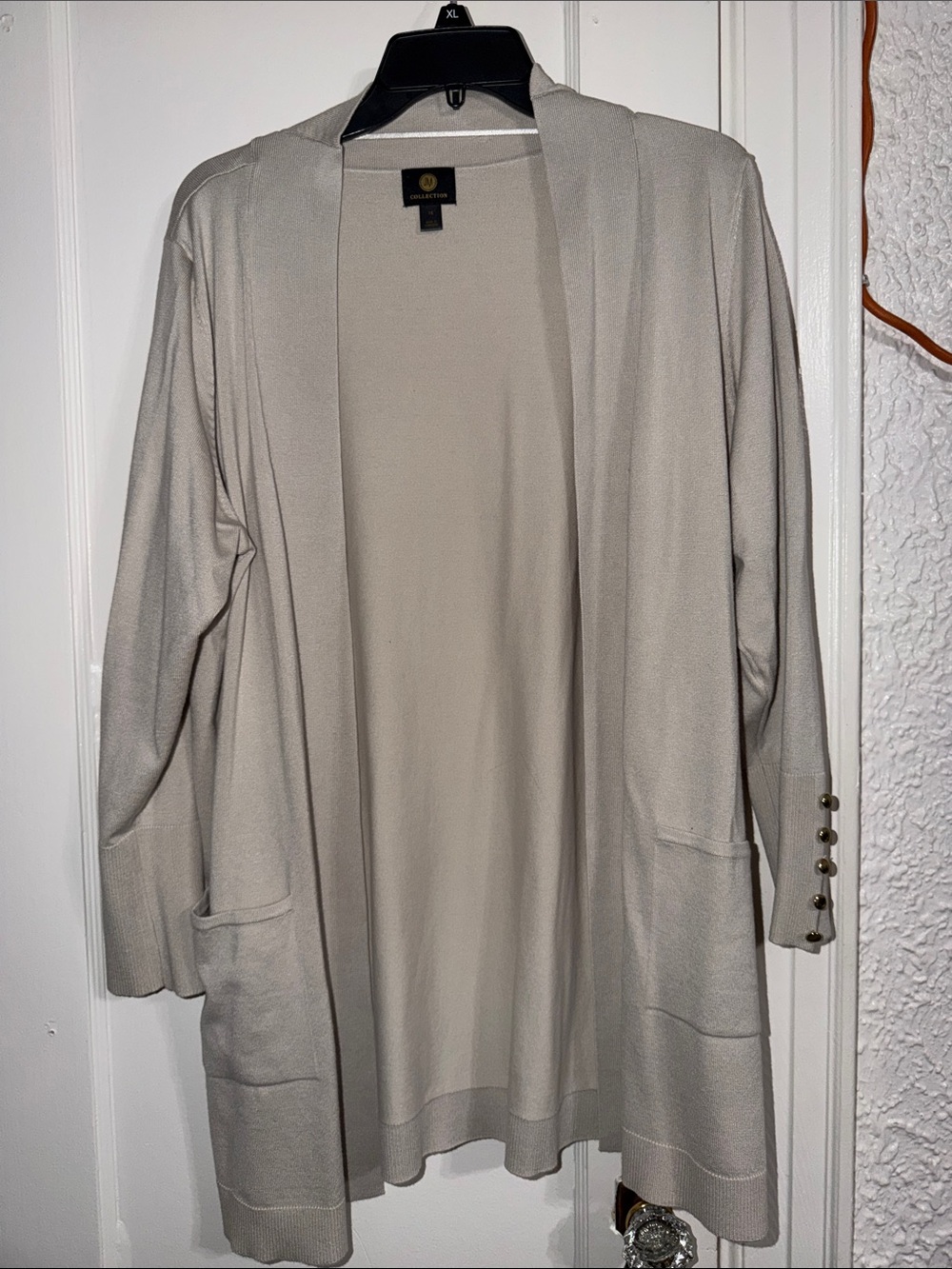 JM Collection Light Gray Open-Front Cardigan with Button-Cuff Detail